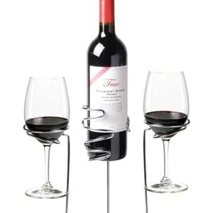True Stix Outdoor Wine Bottle and Glass Holder Stake Set - Silver